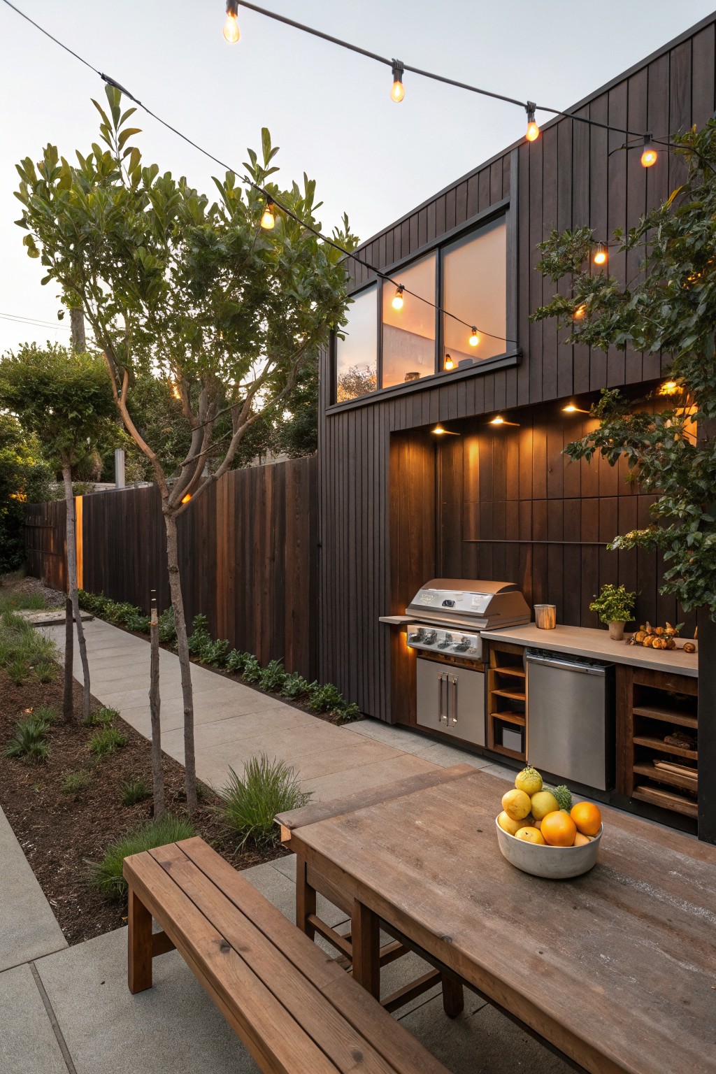 Backyard outdoor kitchen with stainless steel grill, sink, dishwasher, and cabinets in dark wood against a matching dark wood slatted fence and house wall, wooden dining table with bench and bowl of oranges, concrete pathway, plants, trees, and string lights at dusk.