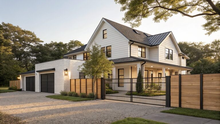 24 Modern Farmhouse Fence Ideas That Frame The Home Perfectly White modern farmhouse exterior with gabled dark metal roof, black window frames, wraparound porch with lights, attached garage, gravel driveway enclosed by horizontal light wood slat fence with black metal frames and sliding gate, lavender plants along base, trees overhead at sunset.