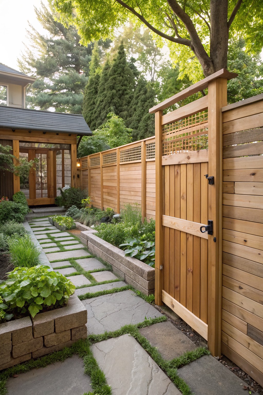 Wooden horizontal slat fence with lattice-topped panels and a matching side gate next to a stone pathway, raised brick garden beds, and plants, with a house and trees in the background.