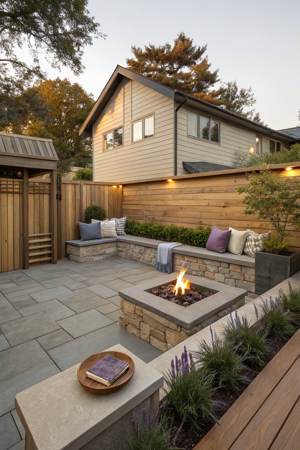 Wooden horizontal fence with built-in stone bench seat holding blue and purple pillows and a throw blanket, adjacent to a stone fire pit and paver patio in a backyard with lavender plants and house in background.