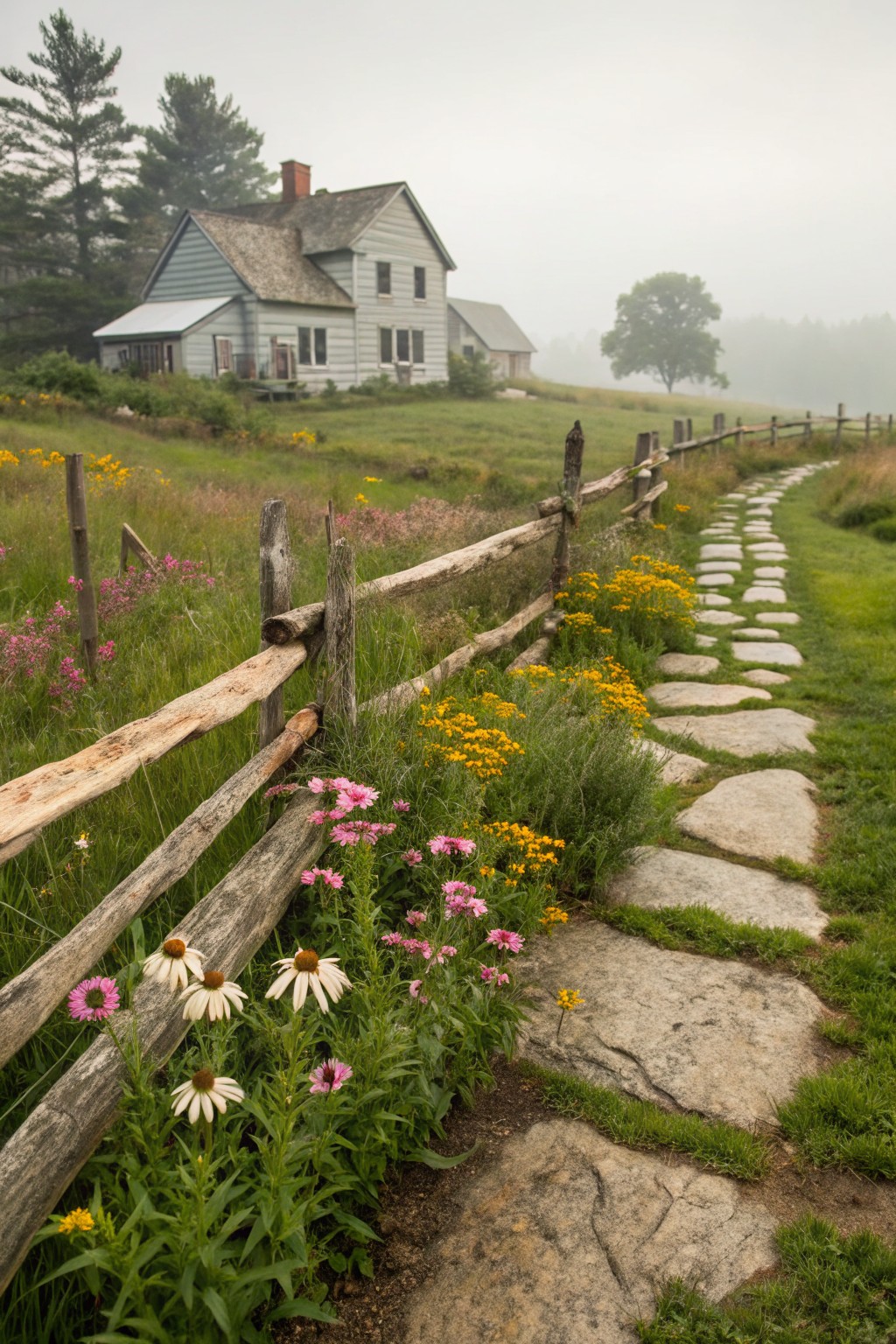 Rustic split-rail wooden fence alongside a flagstone stepping stone path edged with wildflowers such as coneflowers, black-eyed Susans, and yarrow, with a gray farmhouse and misty fields in the background.