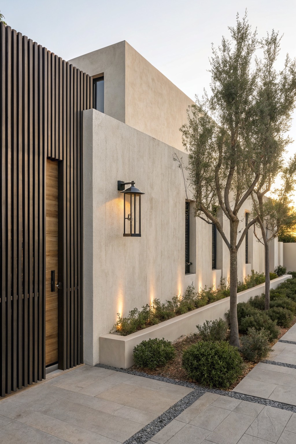 Modern concrete house with wooden door, lantern, trees, and stone pathway.