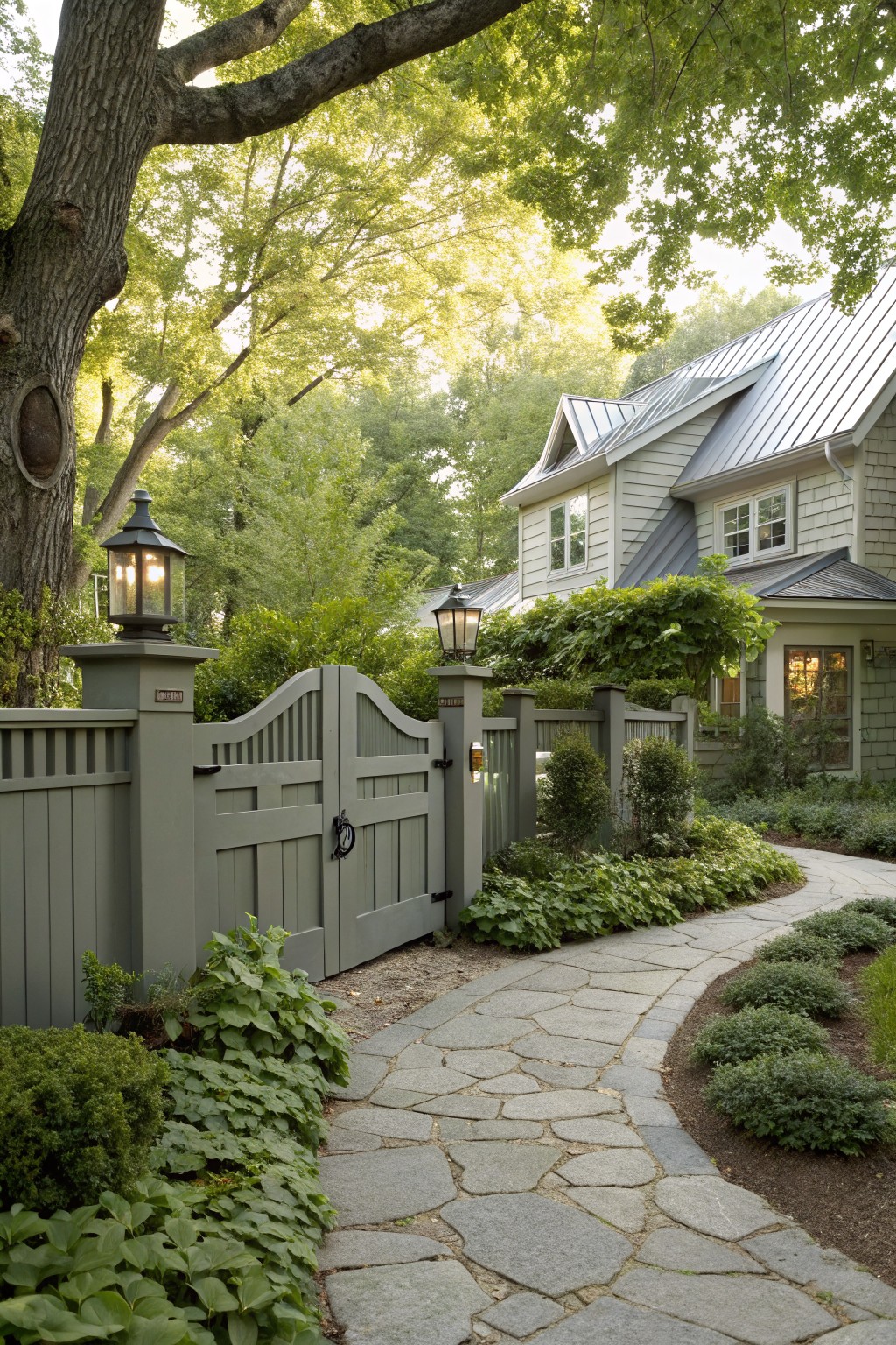 Gray arched wooden picket gate with lantern-topped posts opens beside a large tree to a curving stone path through green plants and shrubs toward a shingled house.