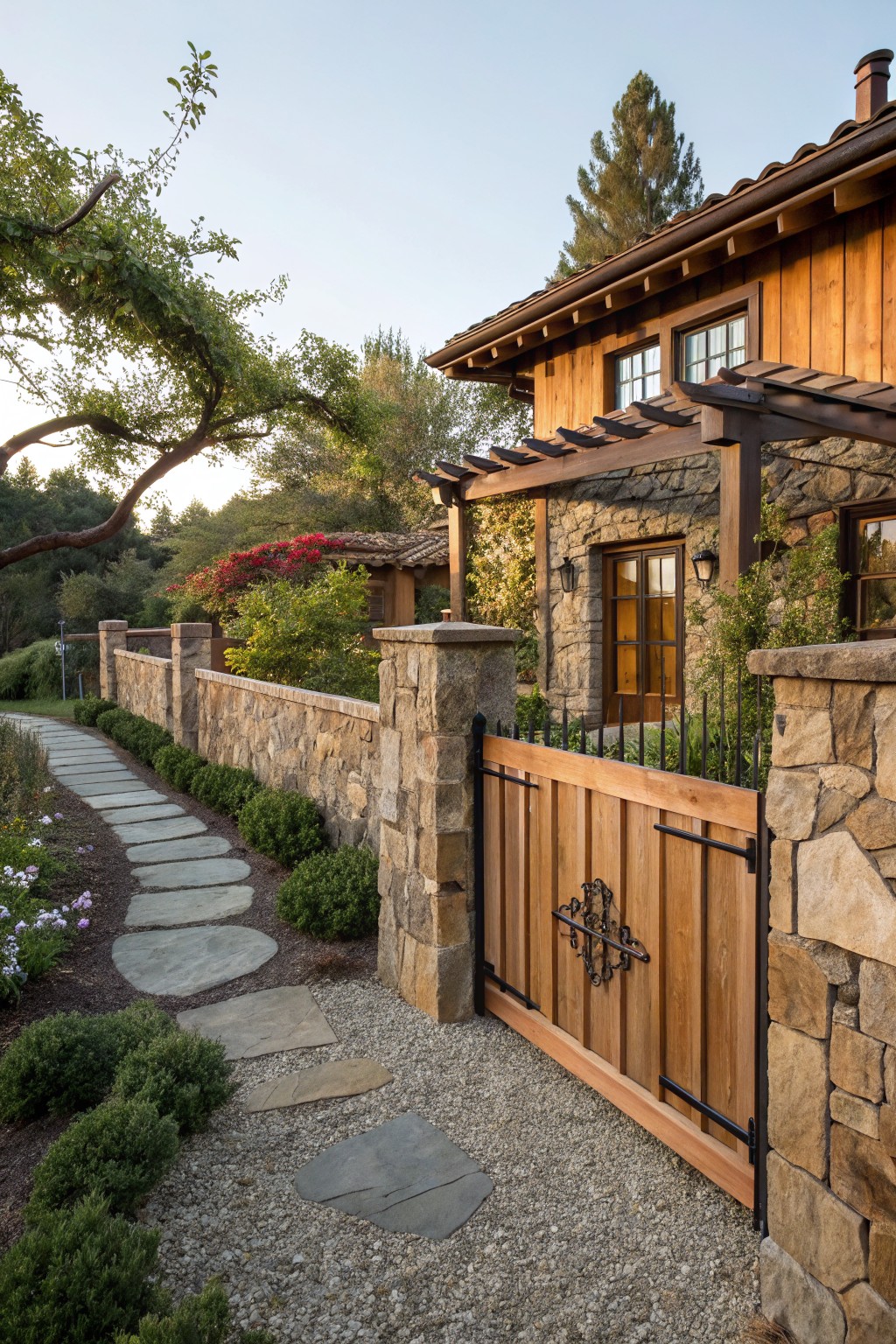 Low stone wall with pillars supporting a wooden gate featuring black metal scrollwork, flanked by a stepping stone path and shrubs, leading to a house with cedar siding and stone elements amid trees and garden plants.