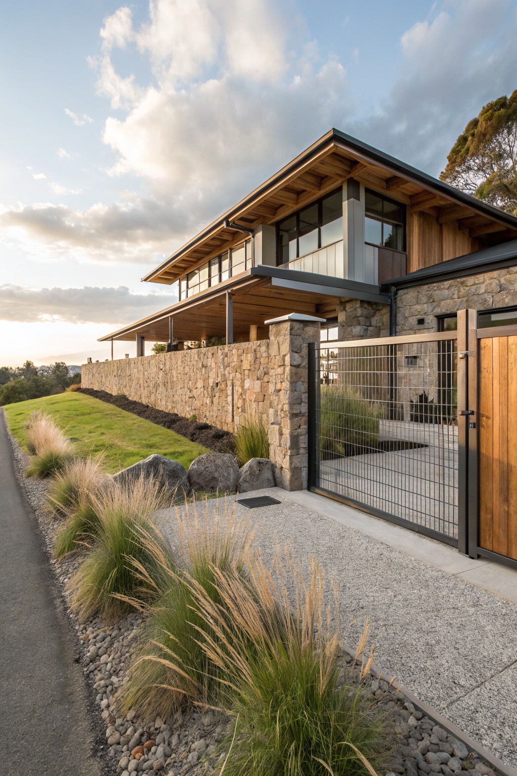 Exterior view of a modern wood and glass house behind a tall dry-stacked stone wall with a black metal grid gate framed in wood, edged by grasses, rocks, and a concrete path along a road.