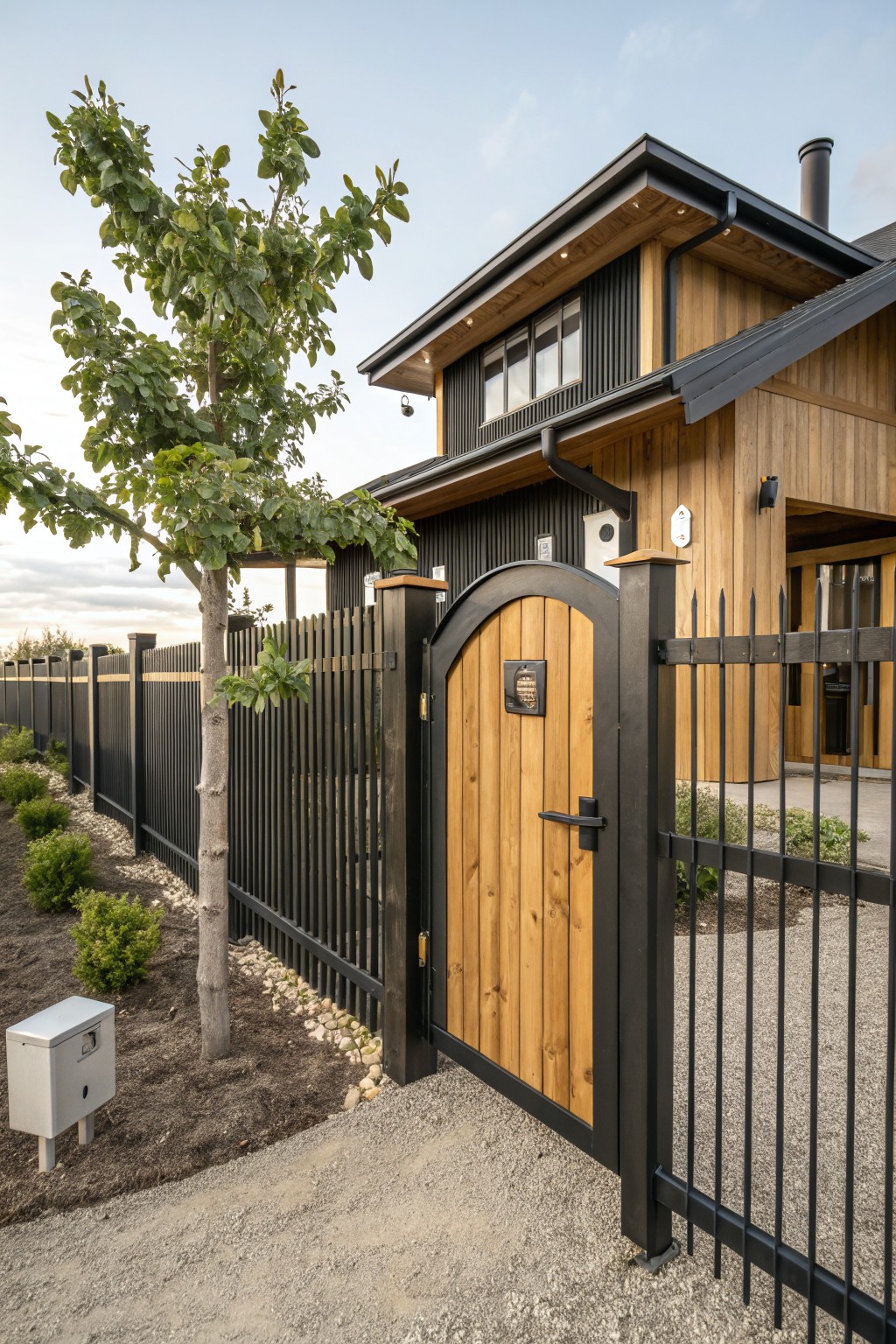 Modern house exterior with tall black vertical slat privacy fence, arched wooden pedestrian gate framed in black metal, young tree, shrubs, and gravel path nearby.