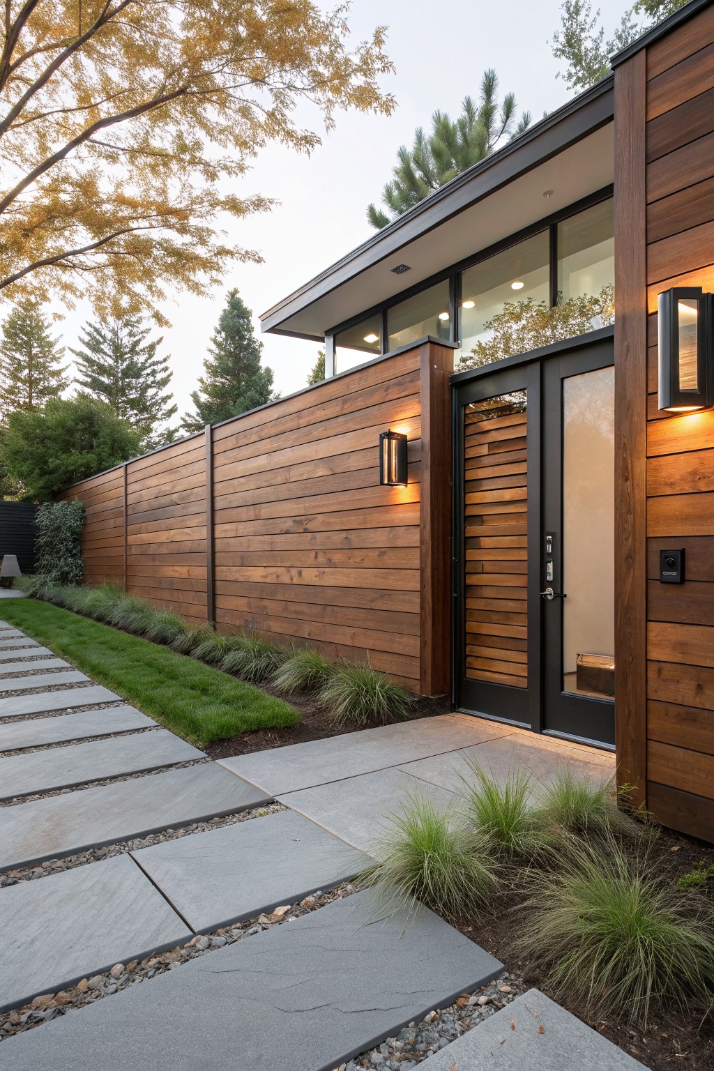 Tall horizontal slat wood fence beside a modern house entry with glass doors, flanked by stone pavers, grass, and ornamental grasses under evening lights.