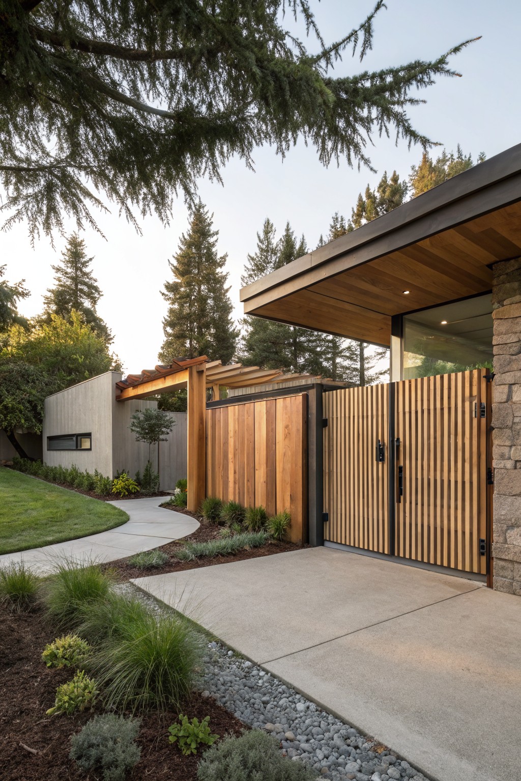 Double wooden gate with vertical slats and black metal frames at the entrance to a modern house, beside a stone wall, with a curved concrete path, plants, and trees in the yard.