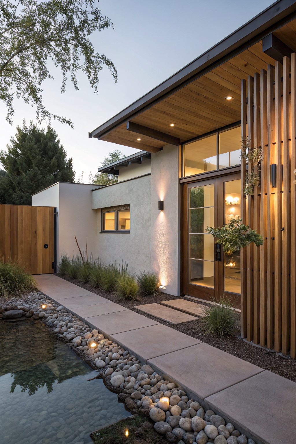 Modern stucco house exterior at dusk with vertical wood slats screening glass entry doors, wooden side gate, concrete pathway through grasses, rock-lined pond with path lights, and trees in background