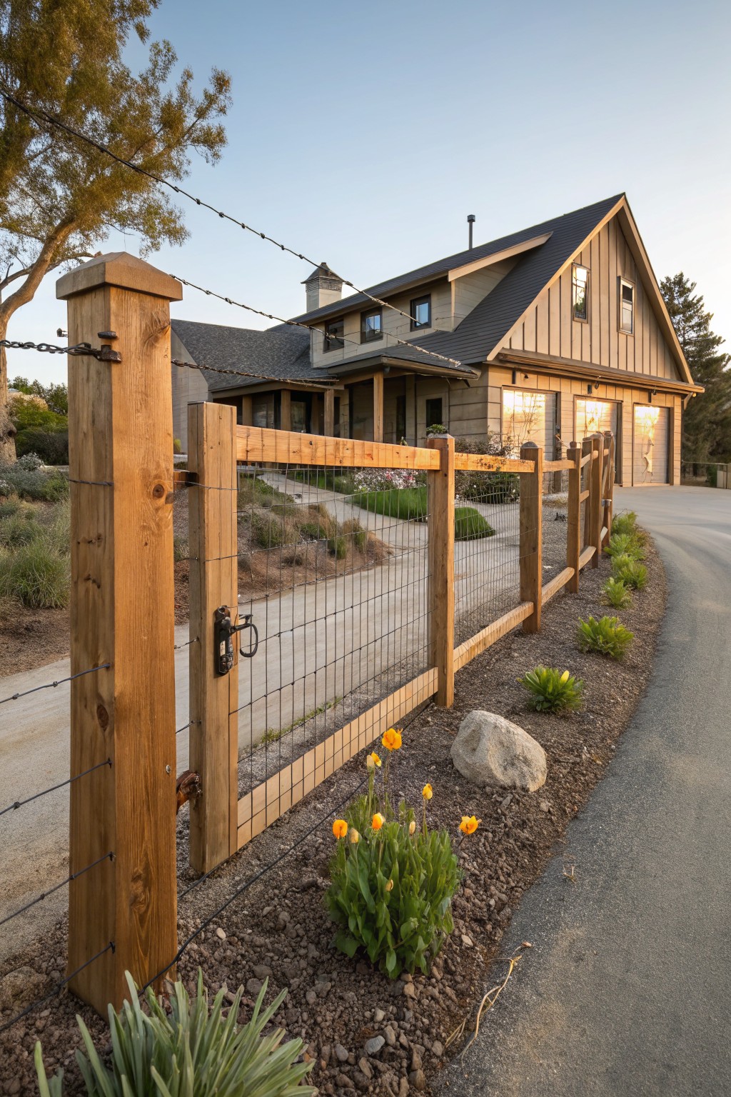 Wooden posts and rails frame chain-link mesh fencing topped with barbed wire along a driveway leading to a gray modern farmhouse with garage doors, native plants and rocks bordering the fence.