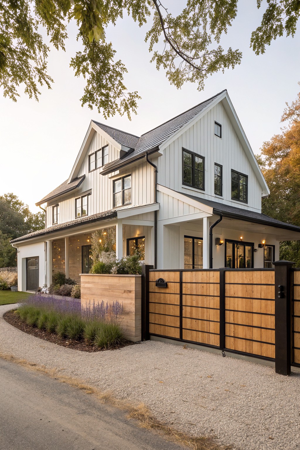 White modern farmhouse exterior with gabled dark metal roof, black window frames, wraparound porch with lights, attached garage, gravel driveway enclosed by horizontal light wood slat fence with black metal frames and sliding gate, lavender plants along base, trees overhead at sunset.
