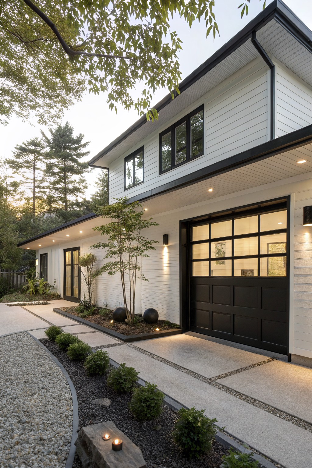 White modern farmhouse house exterior with black-framed glass garage door, flanked by black cylindrical wall sconces, concrete path with gravel border, shrubs, trees, and landscape lighting.