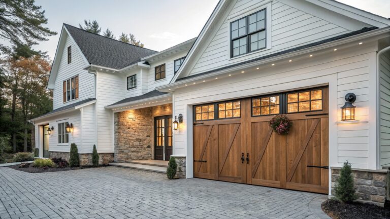 White shiplap-sided modern farmhouse house exterior at dusk with double wooden garage doors, black-framed windows, wall-mounted black lantern lights, recessed eave lights, stone accents, potted plants, and a concrete driveway edged in gravel.