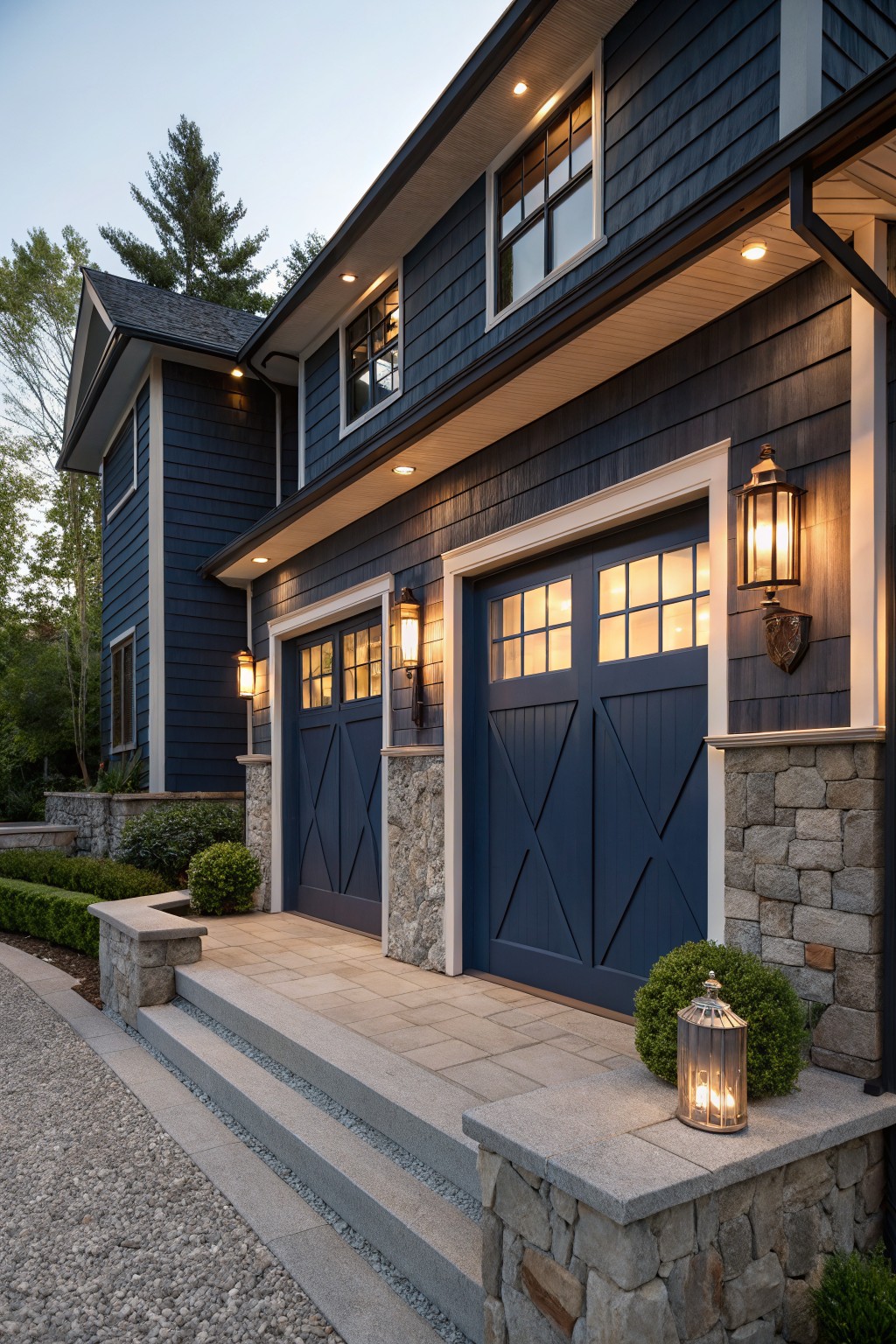 Dark blue shingle-sided house exterior with two navy garage doors flanked by stone pillars and wall-mounted lantern lights, plus recessed soffit lighting, steps, pathway, and low shrubs.