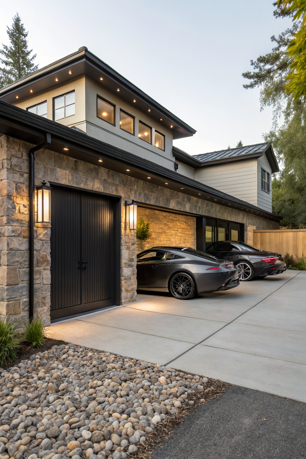 House exterior showing a black paneled garage door flanked by stone walls and wall lanterns, with two sports cars parked in the concrete driveway and landscaping nearby.