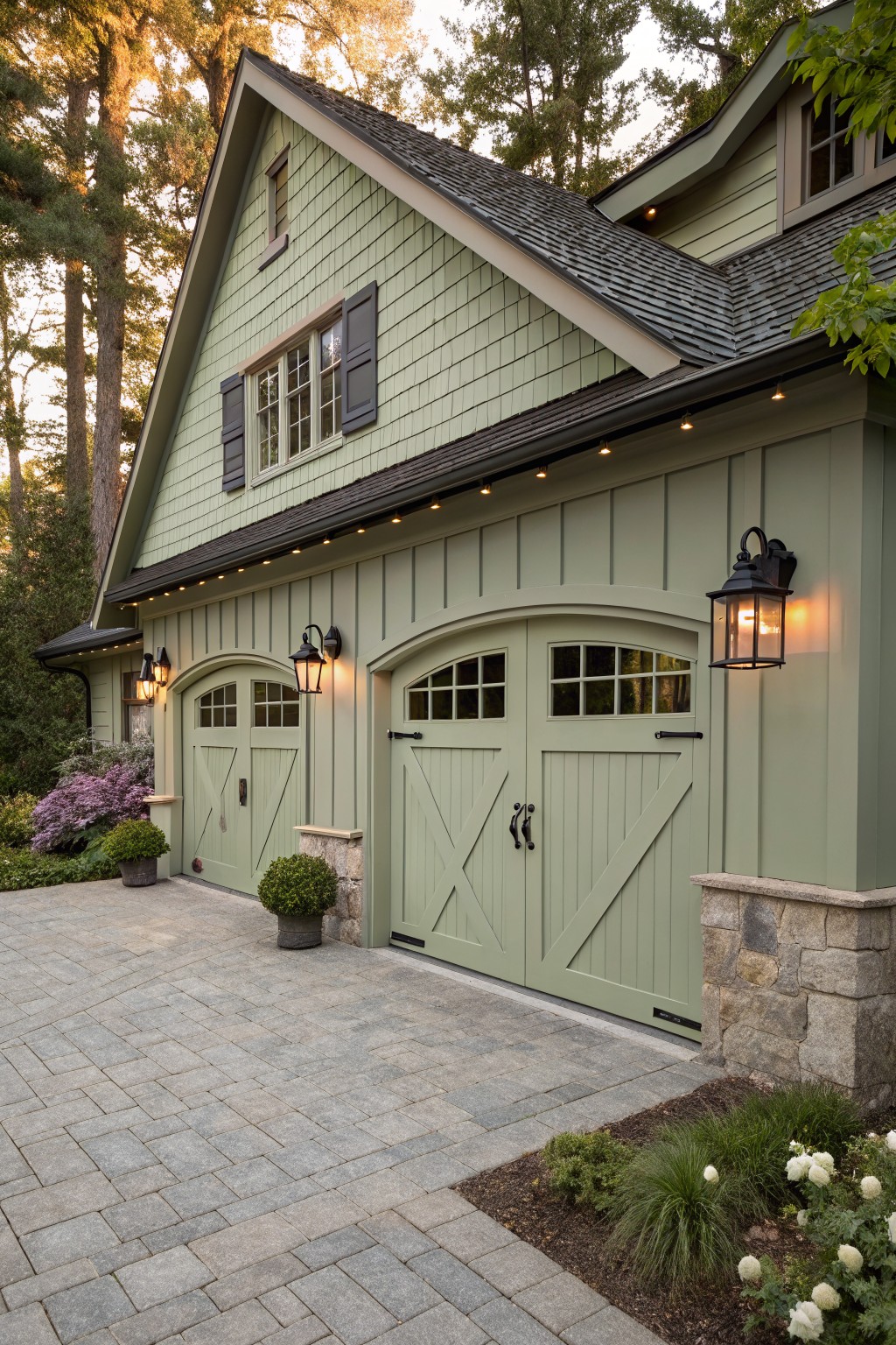 Sage green carriage house with arched garage doors and stone accents.