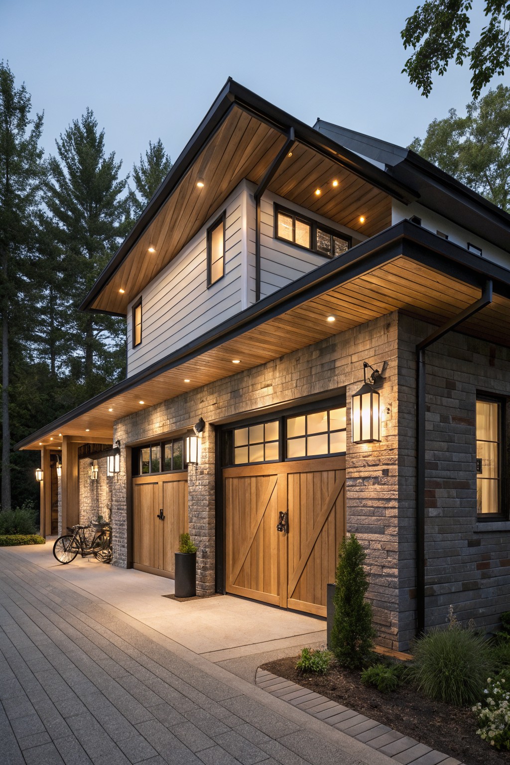Modern two-story house with wooden garage doors and warm exterior lighting.