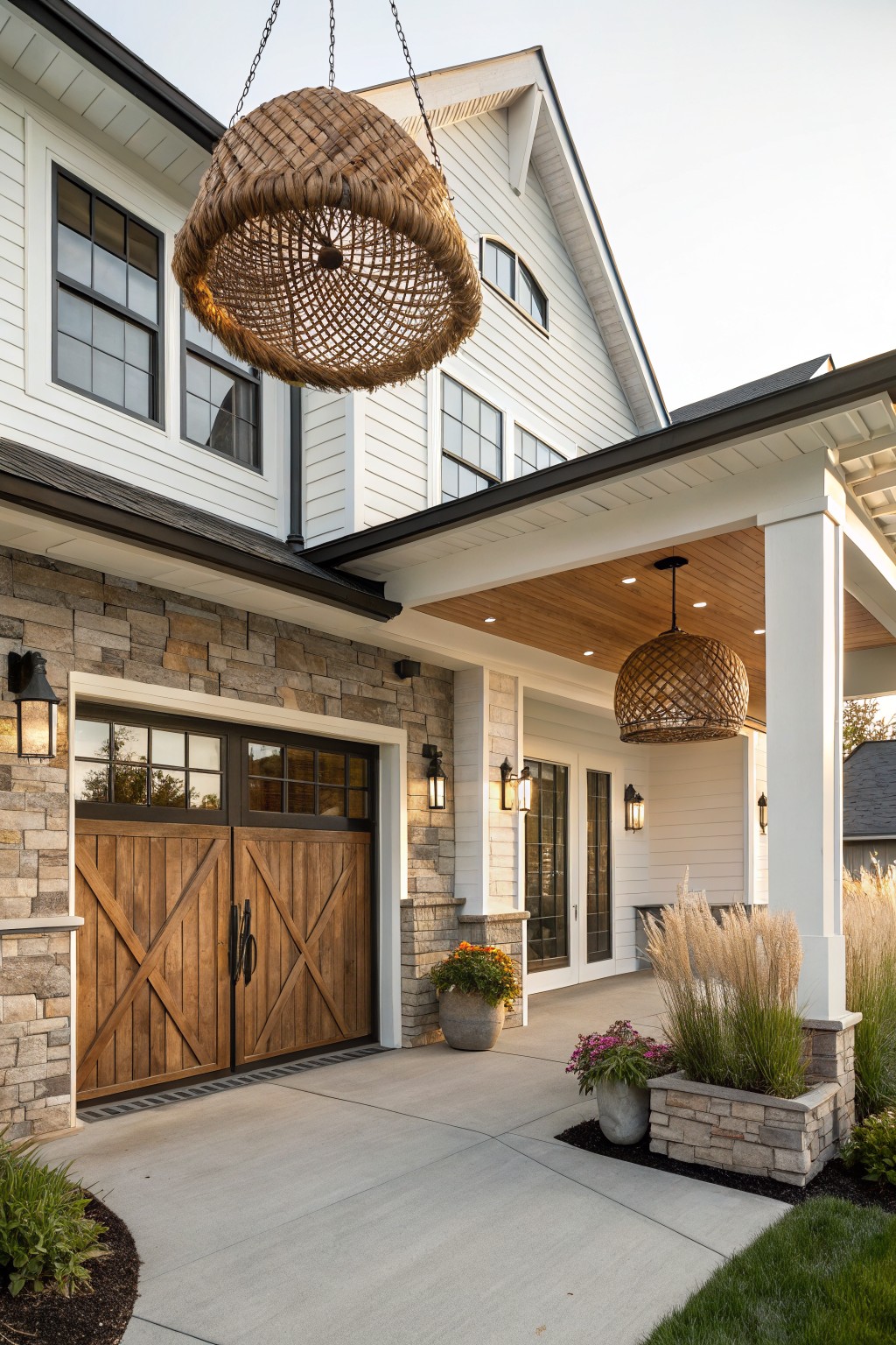 Modern farmhouse with wooden doors, stone accents, and hanging wicker lights.