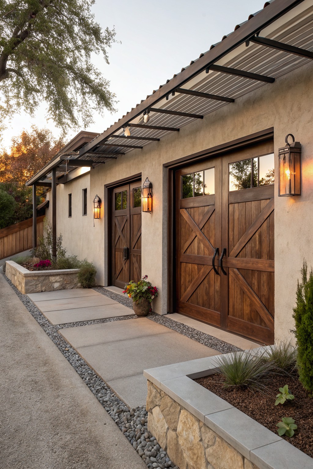 Wooden double garage doors on a modern stucco home with lanterns.