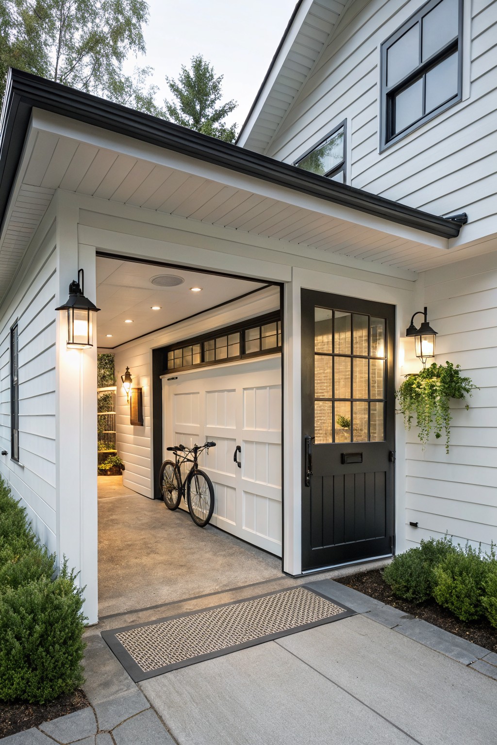 Modern white house with open garage, black door, and bicycle inside.