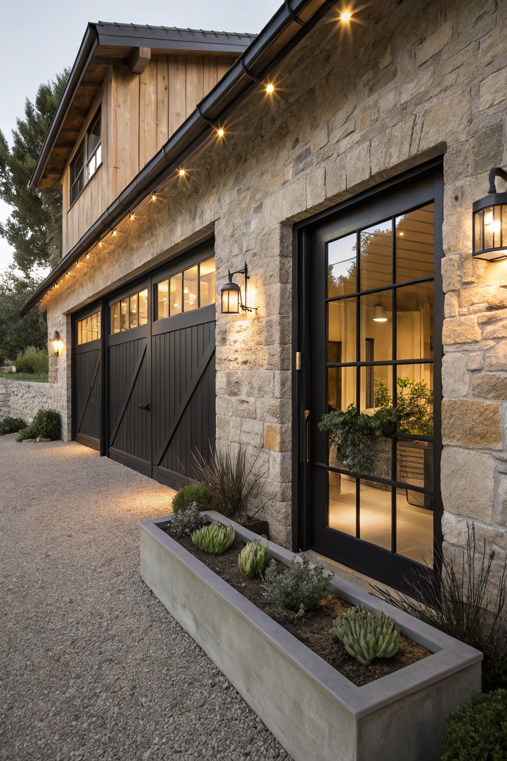 Stone house with black doors, garage, and concrete planter at dusk.