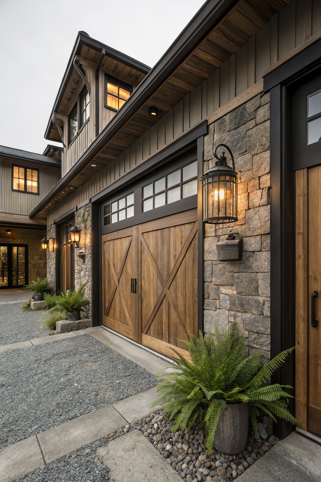 Exterior of a modern farmhouse garage featuring wooden X-pattern double doors, gray stone walls, black metal lantern wall lights, and potted ferns on a gravel path.