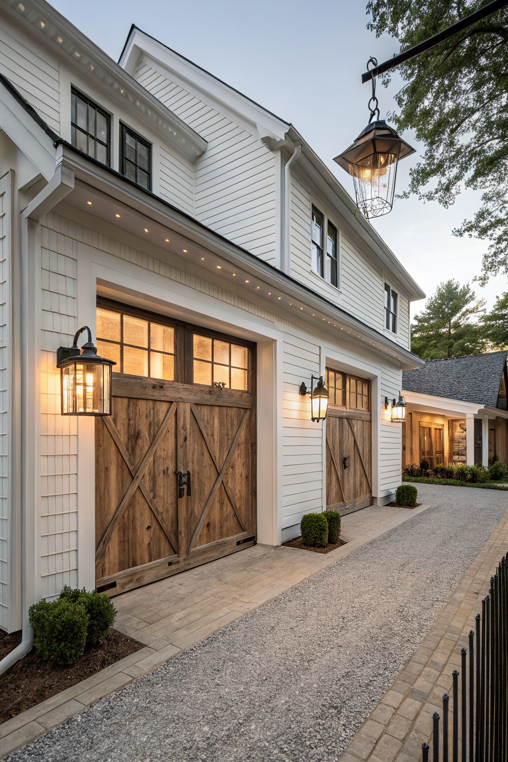 White clapboard house exterior with double wooden X-braced garage doors flanked by black lantern sconces, overhead LED strip lighting, hanging lantern from tree branch, gravel pathway, boxwood shrubs, and black iron fence.