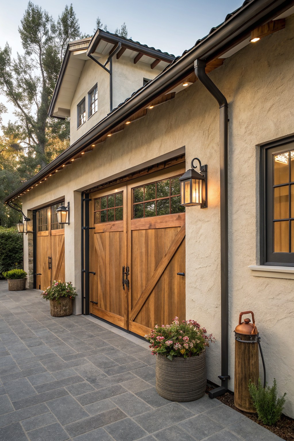 Side view of a beige stucco garage with two wooden paneled doors, black metal lantern wall lights mounted beside them, potted plants on a gray stone paver walkway, and a copper downspout.