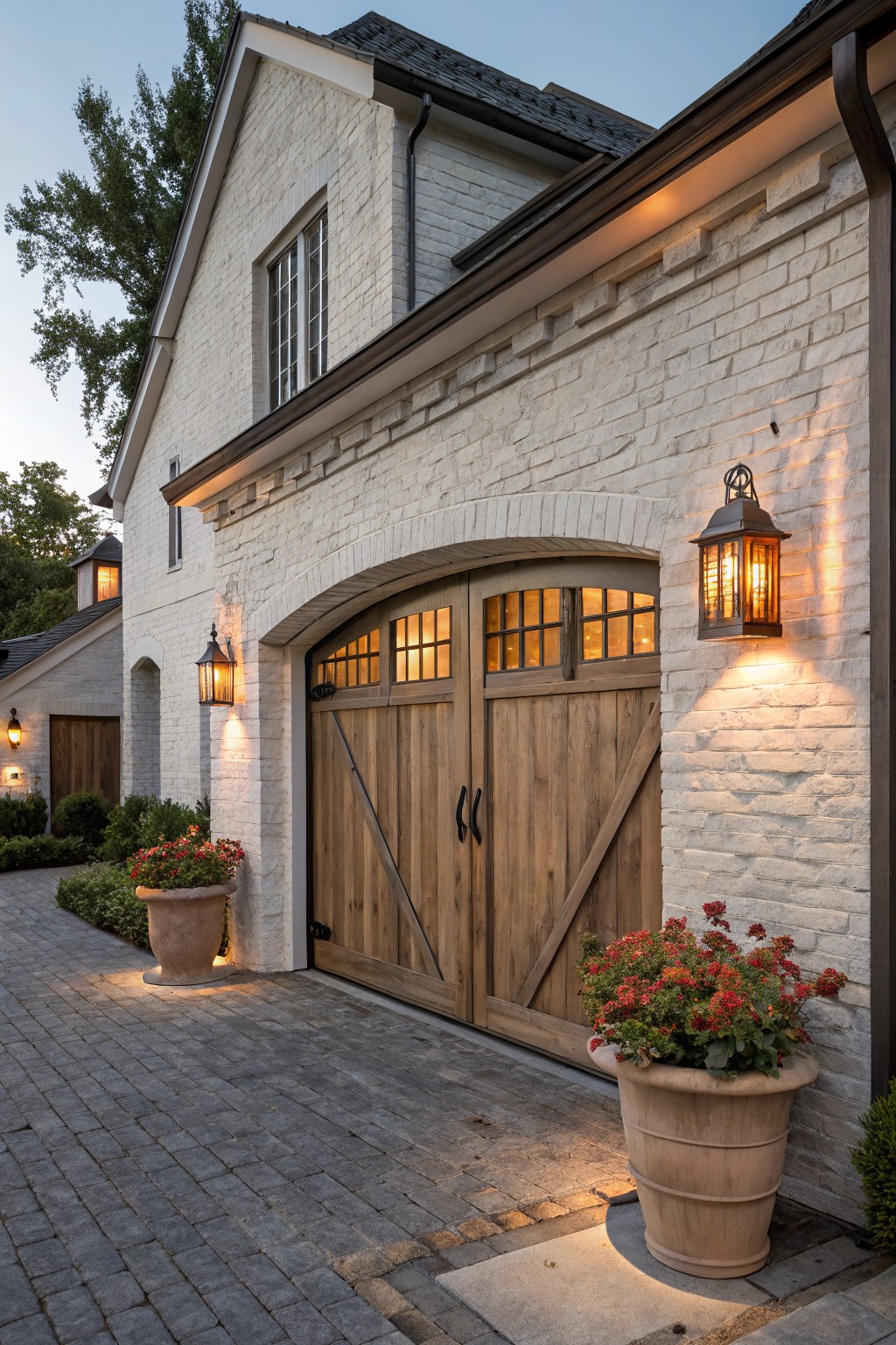White brick garage exterior with arched double wooden doors, flanked by two black metal lantern wall sconces, large terracotta pots with red flowers on either side, and a gray brick paver pathway at dusk.