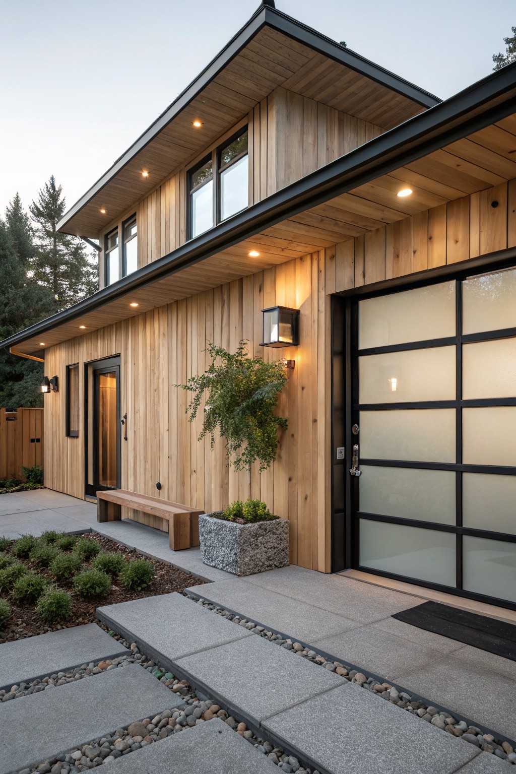 Cedar-clad house exterior with black metal overhang featuring multiple recessed warm lights, frosted glass garage door, wooden side entry door with black lantern sconces, concrete paver path edged in pebbles, and low plants.