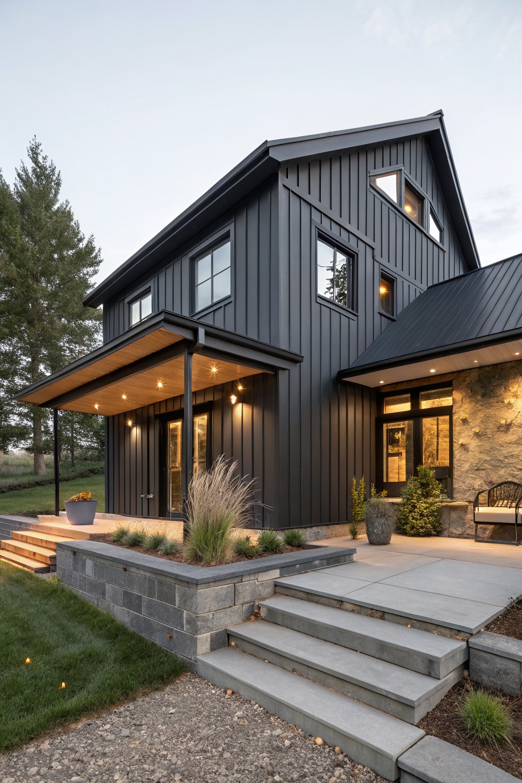 One-story modern farmhouse exterior with black board-and-batten siding, wooden covered porch, stone base and entry wall, concrete steps, potted plants, ornamental grasses, and gravel path at dusk.
