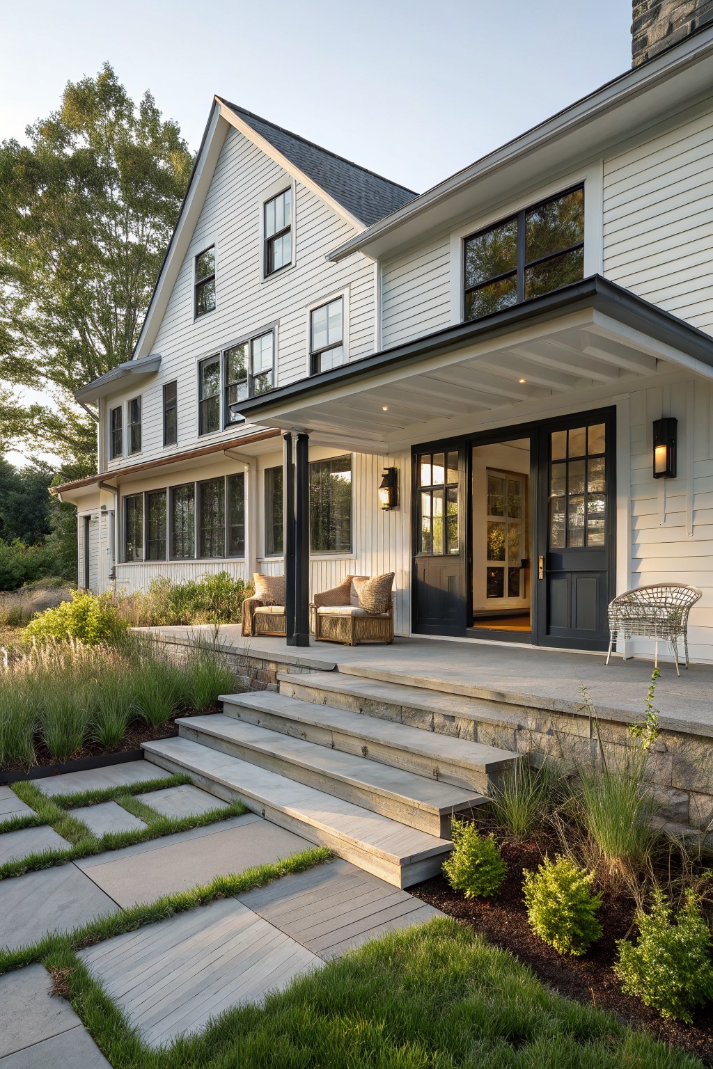 White clapboard house exterior with gabled roof, black-framed windows and double doors on a covered porch, stone steps leading up from landscaped yard with grasses and shrubs.