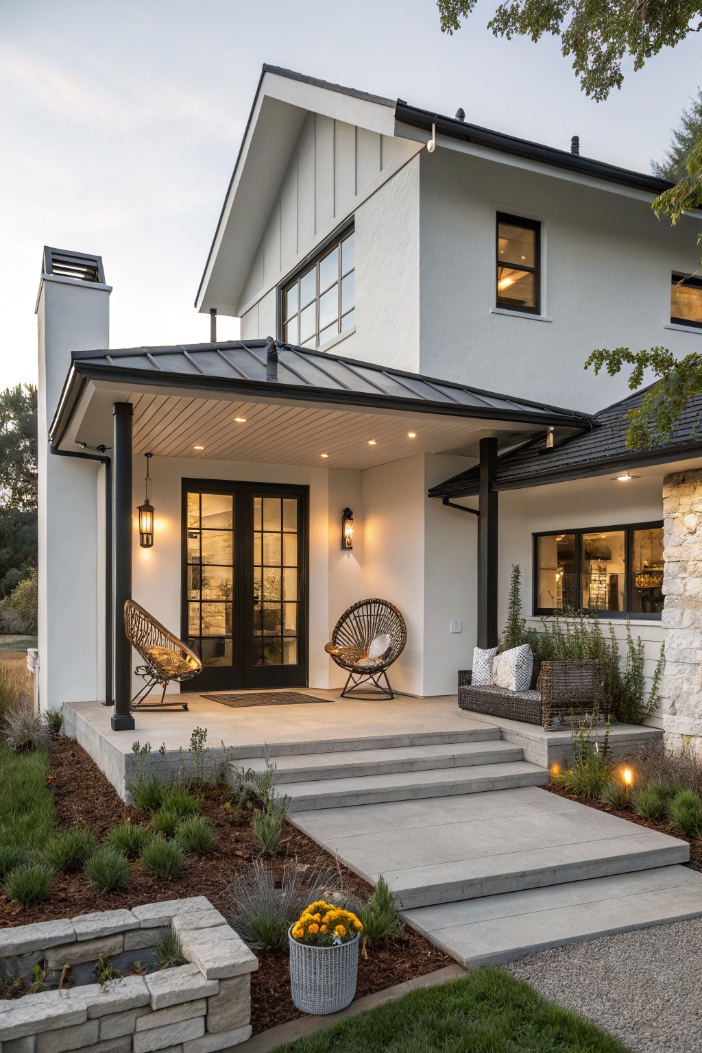 One-story modern farmhouse exterior with white board-and-batten siding, black metal porch roof supported by black posts, double glass doors, rattan hanging chairs and bench on porch, concrete steps, stone planter, and low landscaping.