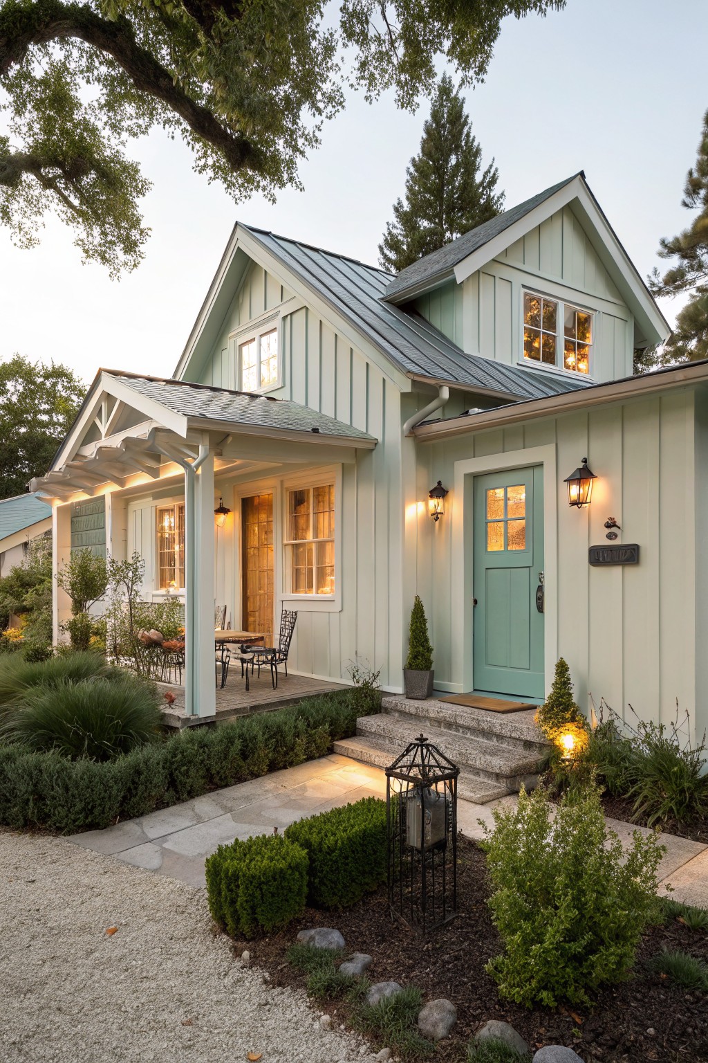 One-story modern farmhouse exterior in light green board-and-batten siding with covered porch, teal door, lanterns, chairs and table on porch, steps to gravel path, shrubs and trees around at dusk.