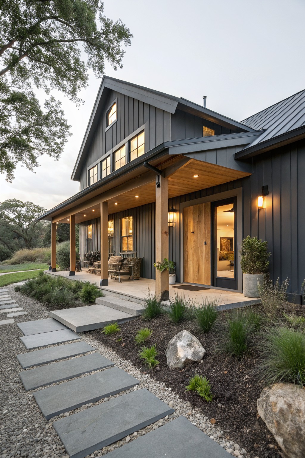 One-story modern farmhouse exterior with dark gray board-and-batten siding, covered wooden porch with posts and seating furniture, large wooden entry door, and stone pathway through gravel and plants.