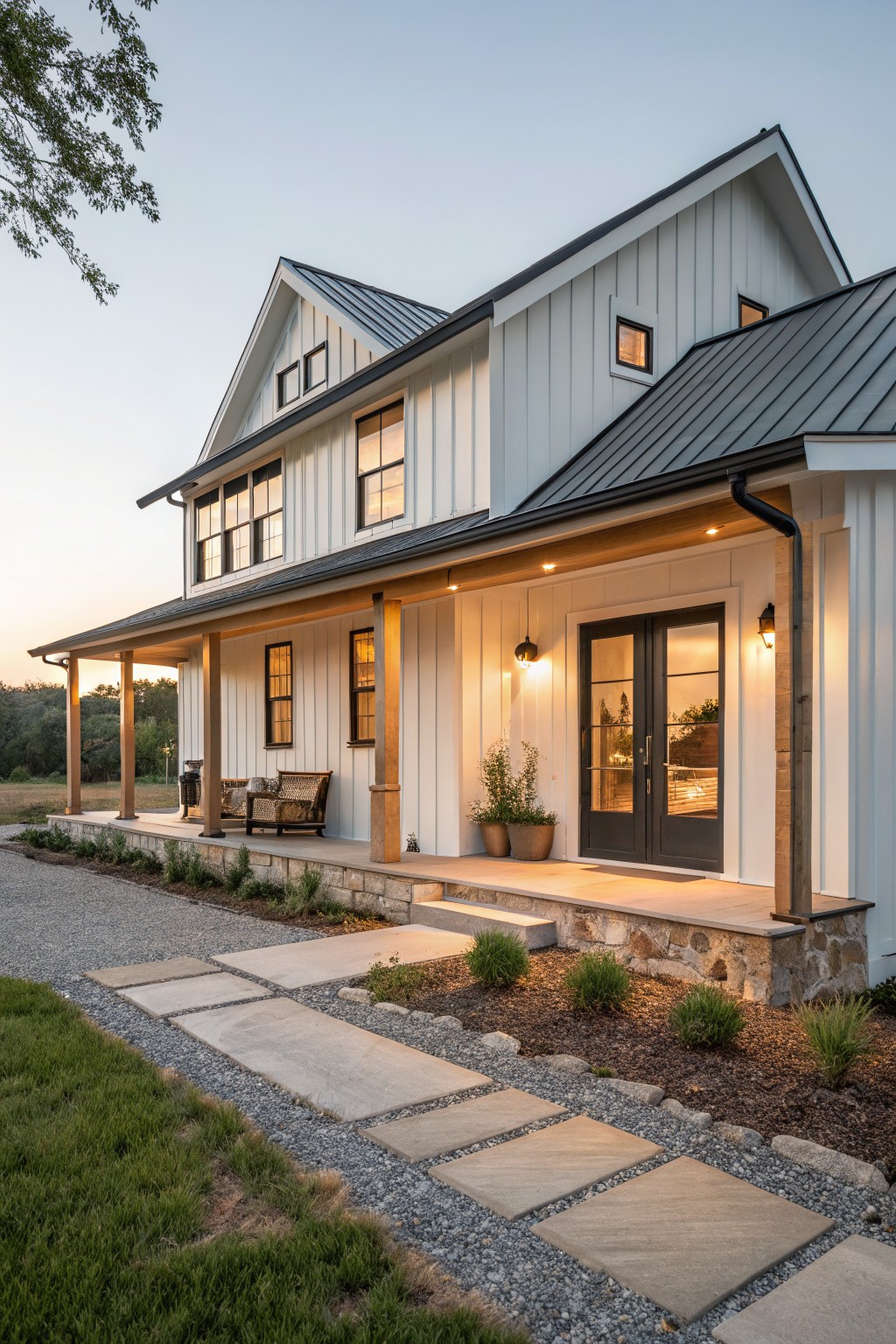 One-story modern farmhouse exterior with white board-and-batten siding, black standing-seam metal roof, deep covered front porch supported by timber posts, black double doors, gravel path with stone steps leading to porch, low plants and chairs on porch at dusk.