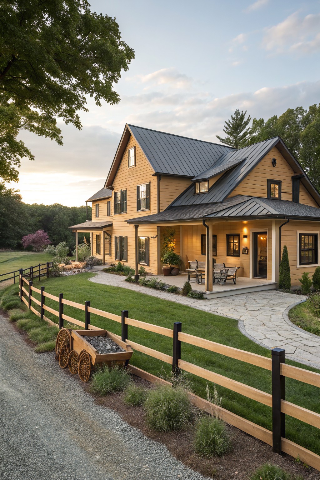 Yellow clapboard one-story farmhouse with black metal roof, covered front porch with seating, stone path, split-rail fence, and surrounding landscaping at sunset.