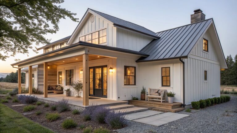 23 Modern Farmhouse One Story Exteriors With Cozy Appeal One-story modern farmhouse exterior with white board-and-batten siding, black standing-seam metal roof, deep covered front porch supported by timber posts, black double doors, gravel path with stone steps leading to porch, low plants and chairs on porch at dusk.