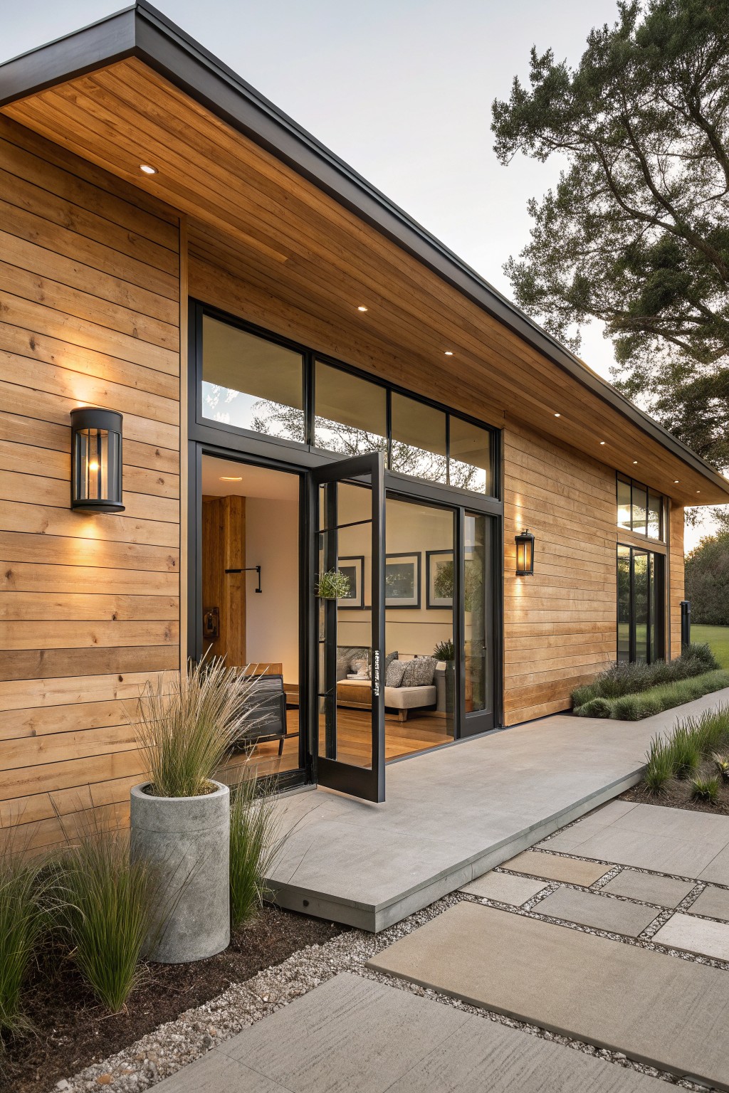 A one-story modern house exterior with horizontal cedar wood siding, large open black-framed glass entry doors, wall-mounted lantern lights, a concrete entry step, potted grasses, and gravel path with surrounding low plants and trees.