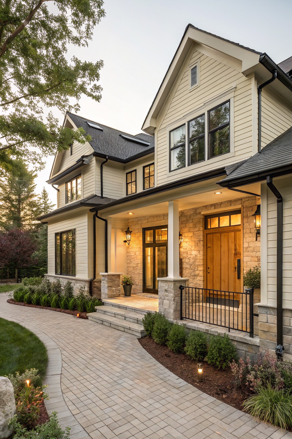 Beige board-and-batten sided modern farmhouse house with black roof and trim, featuring a covered front porch supported by stone pillars, a wooden front door, lanterns, and a curved brick paver pathway bordered by landscaping.