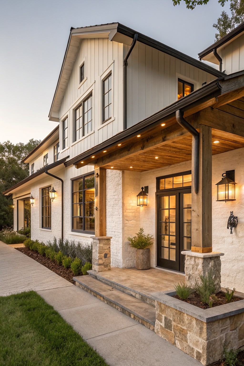 Side view of a one-story modern farmhouse house with white shiplap siding, brick accents, a covered entry porch supported by timber beams on stone pillars, large multipane windows, lantern lights, and low landscaping along a paved pathway.