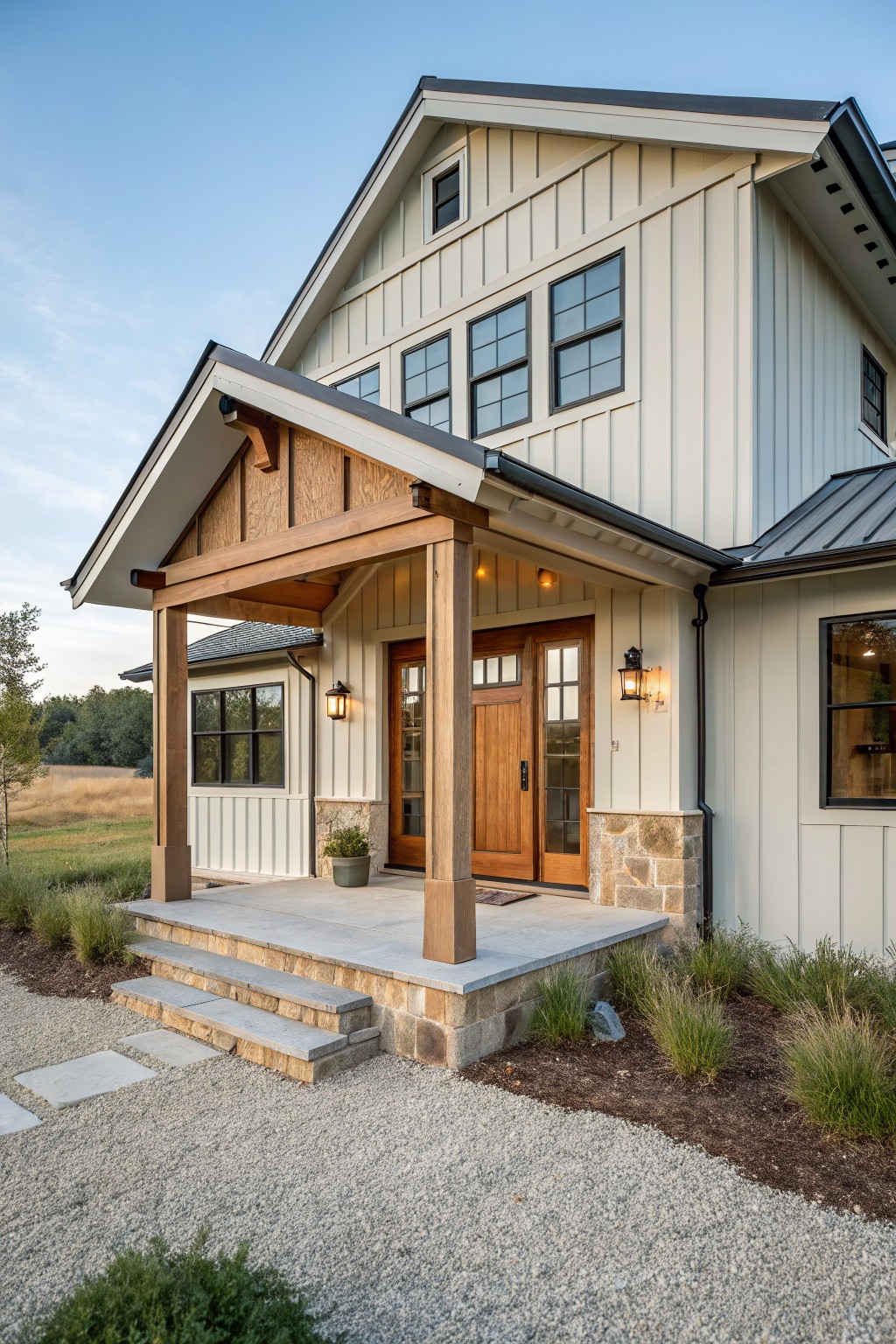Front view of a one-story modern farmhouse house with light gray shiplap siding, a gabled covered porch supported by timber beams, double wood entry doors, black-framed windows, stone base accents, and gravel pathway leading to steps.