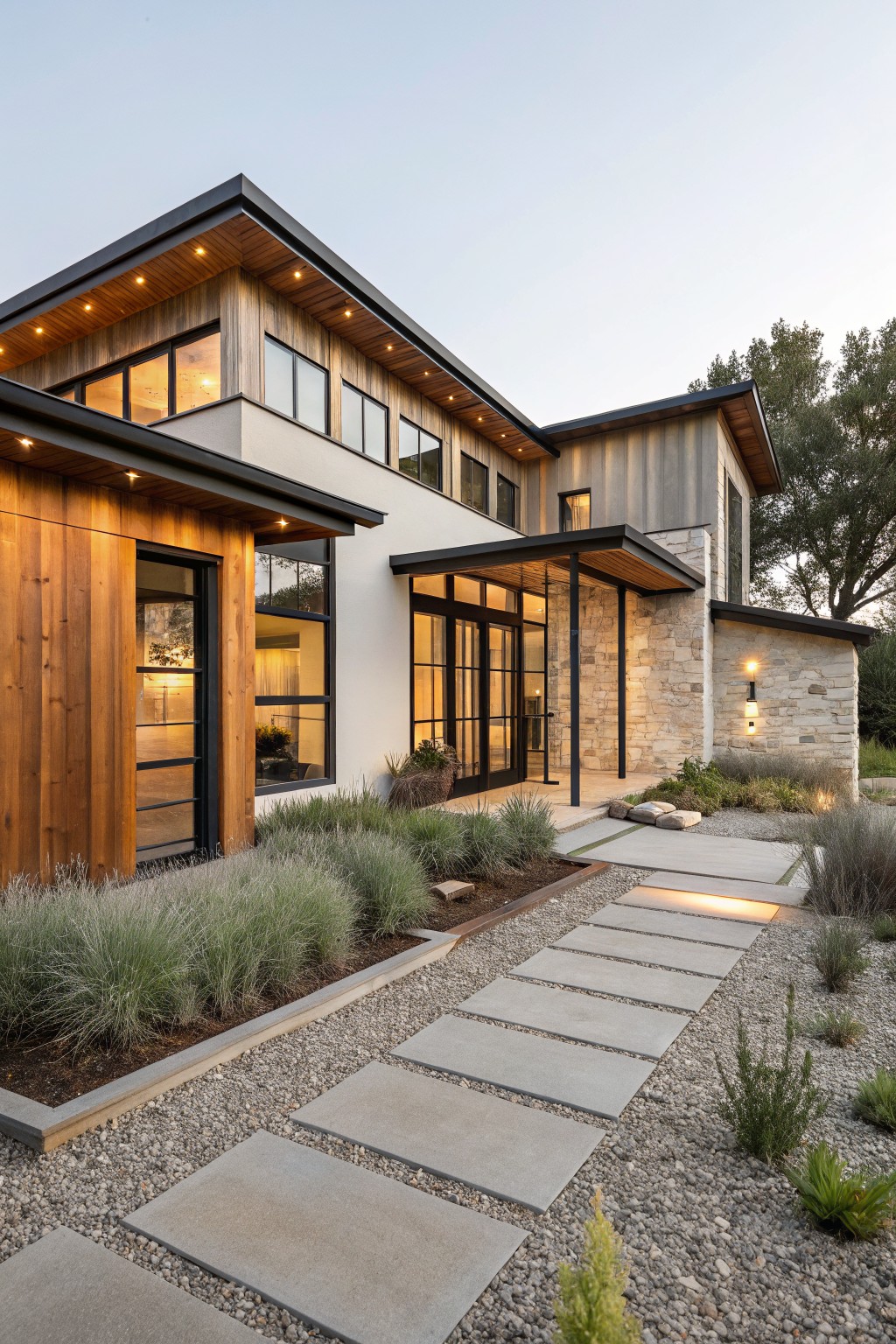 Single-story modern house exterior with vertical cedar siding, beige stucco walls, light stone accents at the entry, large black-framed windows and doors, concrete paver pathway through gravel and grasses.