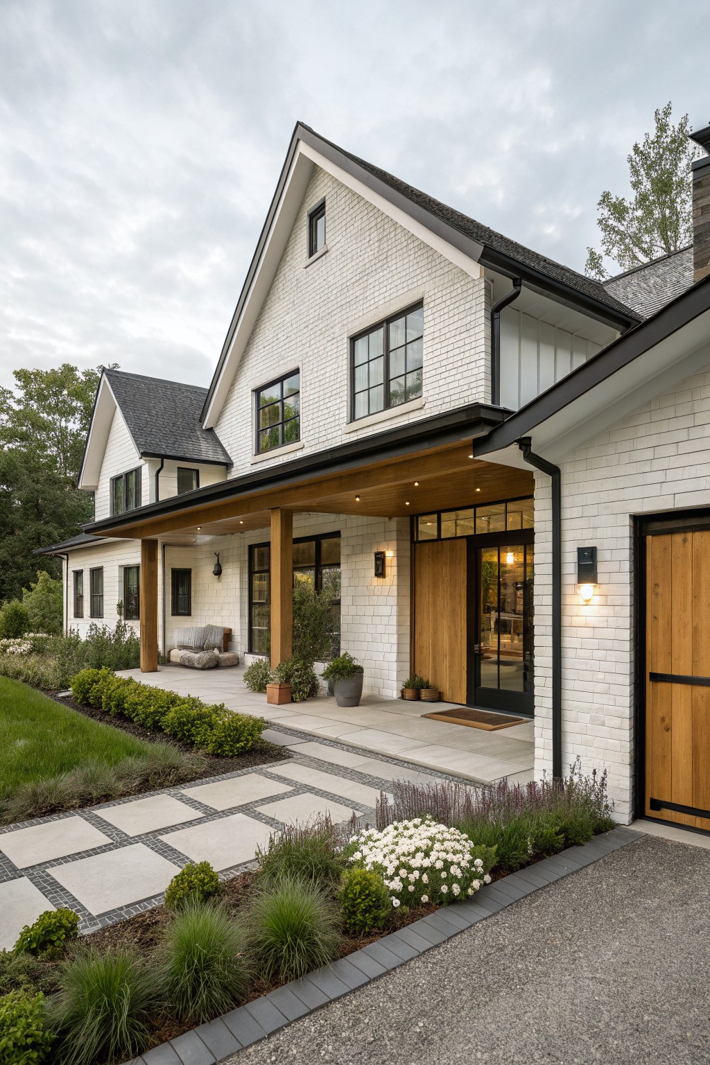 Side exterior of a one-story white brick house with black trim and roof, wooden covered porch supported by posts, black-framed windows, wooden entry door, attached garage with wooden door, stone pathway, and landscaped borders with plants and grass.