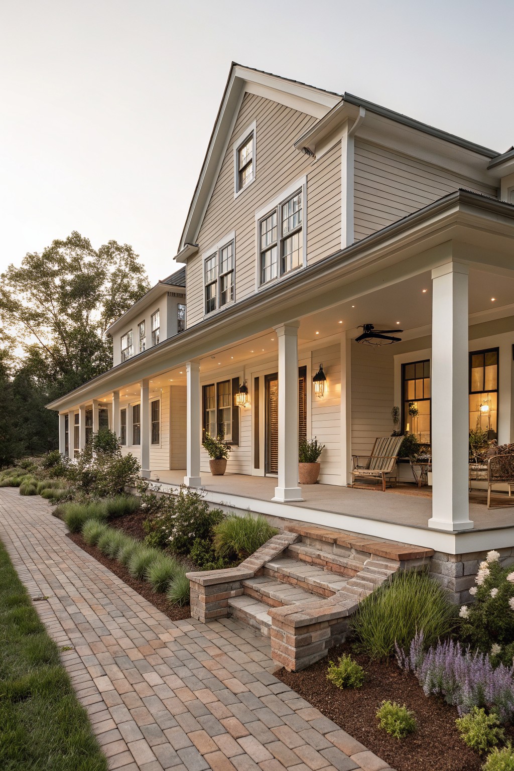 Side view of a one-story beige clapboard farmhouse with white trim, wraparound porch supported by white columns, ceiling fan, lanterns, potted plants, furniture on porch, brick steps, and landscaped beds with grasses along a brick pathway.