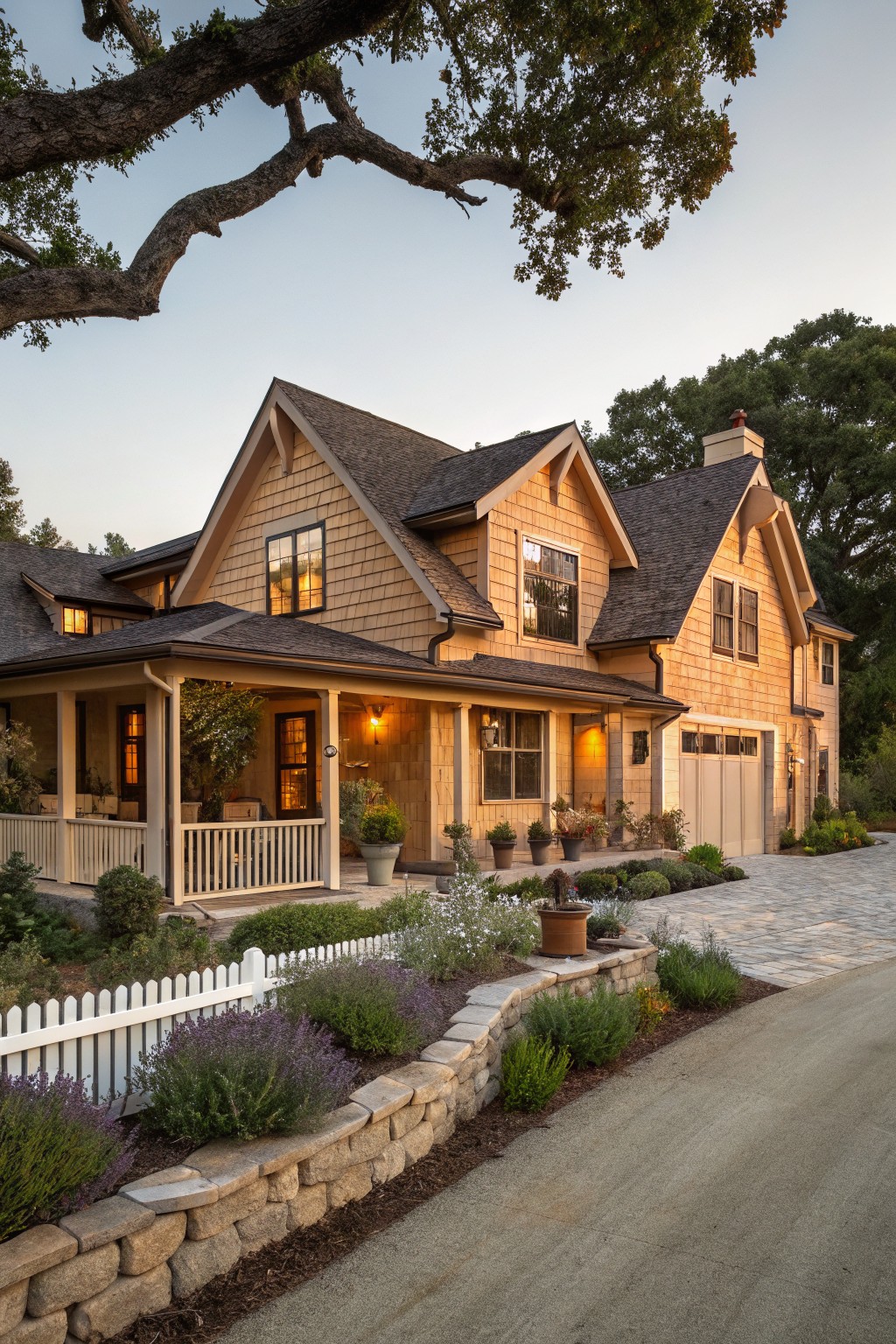 One-story house exterior with cedar shingle siding, gabled roofs, wraparound wooden porch with columns, attached garage, stone retaining wall garden bed, white picket fence section, and plants along a paved driveway at dusk.
