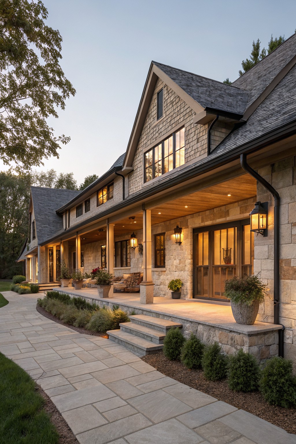 Side exterior of a one-story house with beige stone walls, dark shingle roof, extensive covered wooden porch with hanging lanterns, potted plants, and a wide stone pathway with steps at dusk.