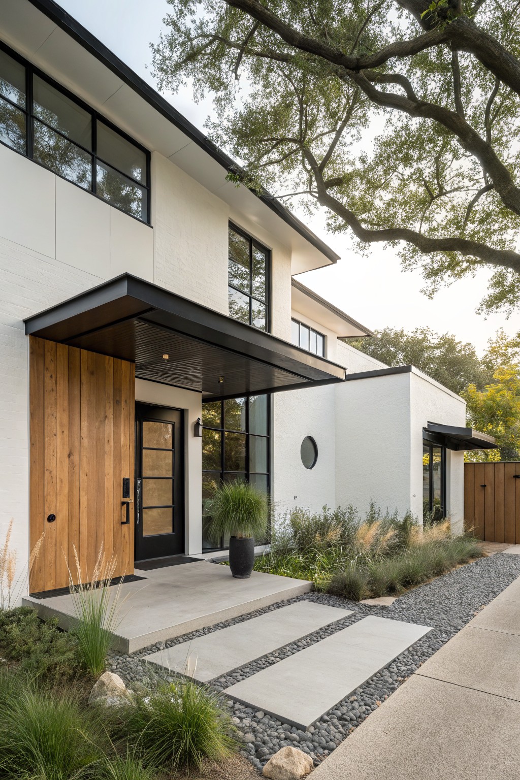 Modern white house with wooden door, black trim, and stone path.