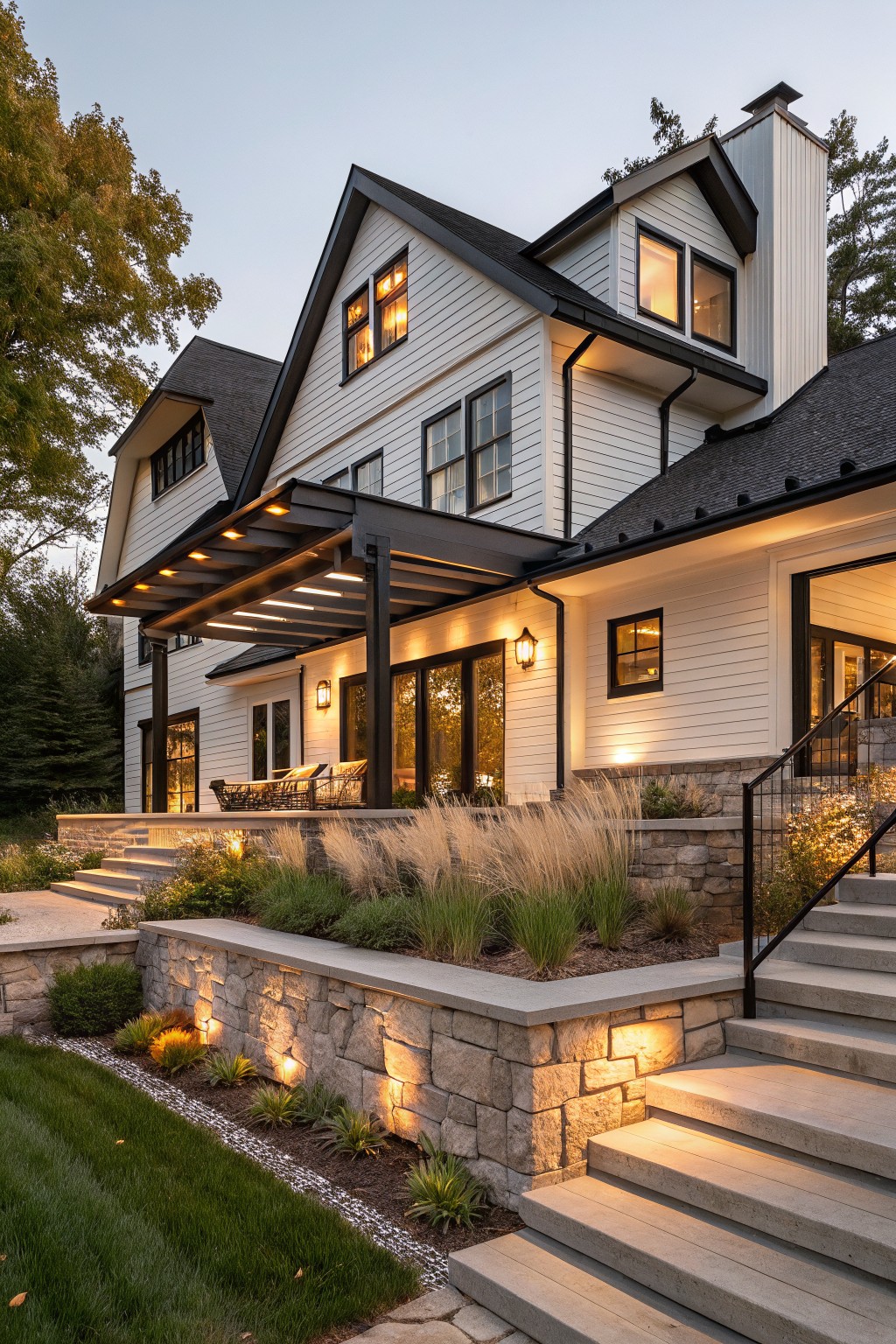 Side-rear view of two-story white board-and-batten farmhouse with black roof, trim, and metal pergola over patio seating, plus stone retaining wall, concrete stairs, lighting, and grasses.