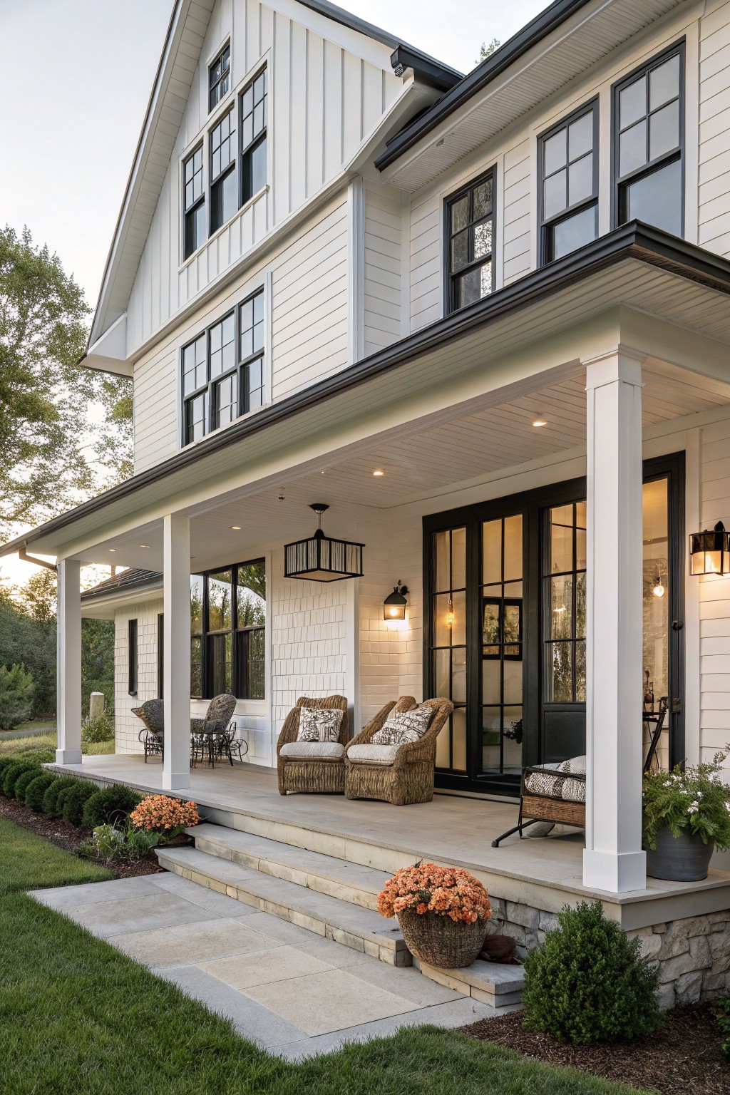 Two-story white board-and-batten sided house with black-framed windows and multi-panel French doors on a covered front porch furnished with wicker chairs, a small table, and potted plants, stone steps leading to a paved path amid low shrubs and autumn flowers.